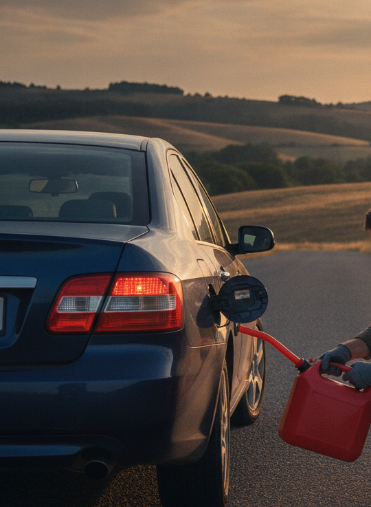 fuel delivery for a standard car, person holding a fuel container, no houses