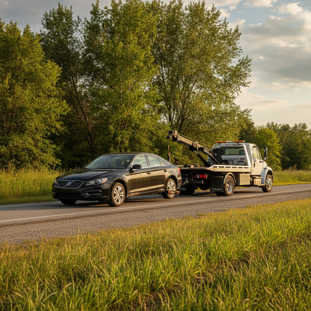 car attached to a white wheel lift tow truck, on the roadside, no faces, no houses