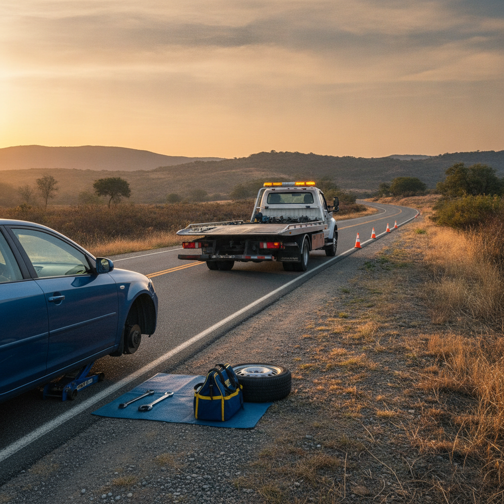 roadside assistance, tire change, no houses, no face, no other car